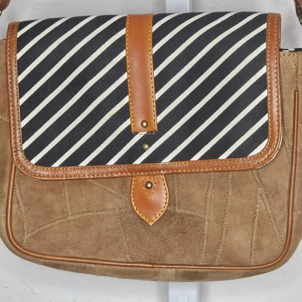 Vaan & Co Suede Leather Crossbody Bag Brown Patchwork Striped Flap‎ Adjustable